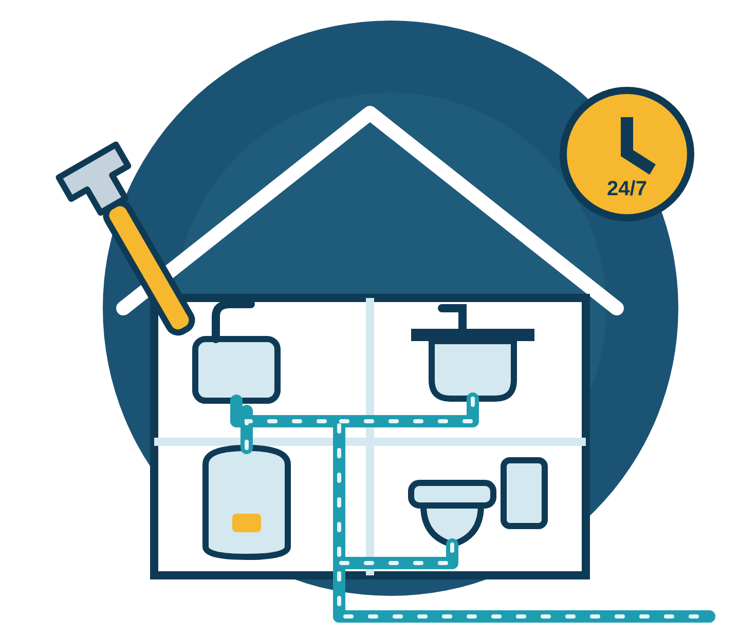 Illustration of a house cutaway showing water pipes running to a sink, bathroom and water heater